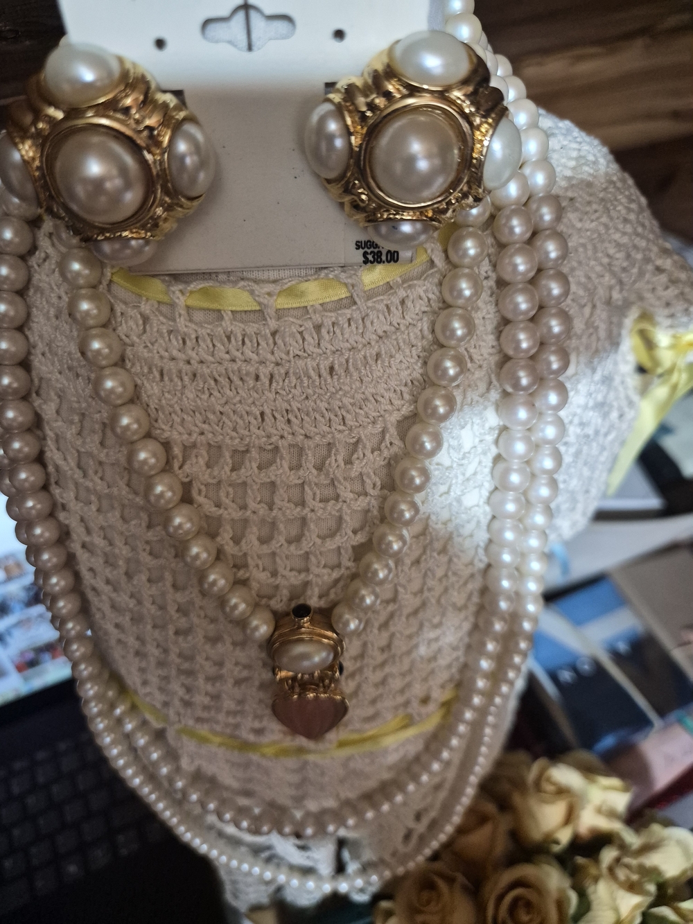 Vintage Cream Pearl Multi-Strand Necklace with Gold Accents and Clip-On Earrings